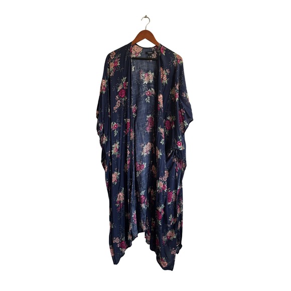 Torrid Floral Print Kimono Duster Open Front Navy Blue Plus Size Bohemian Chic - Picture 1 of 6